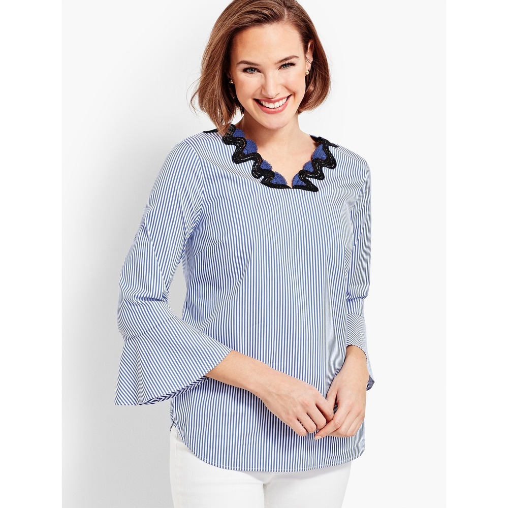 Talbots Rickrack Trim Top Medium Blue Stripe Embroidered Coastal Nautical Preppy